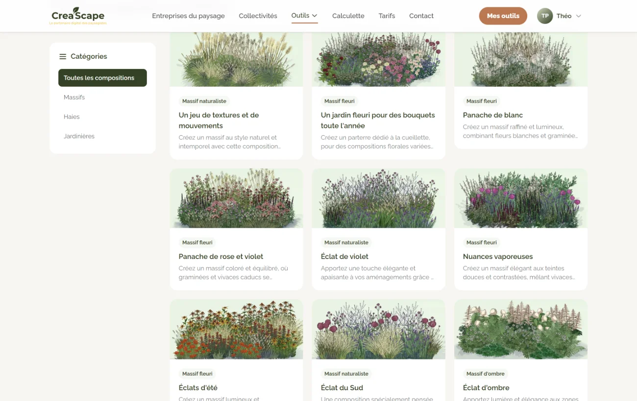 CréaScape sur ordinateur&nbsp;: le catalogue Toutes les compositions — massifs, haies, jardinières