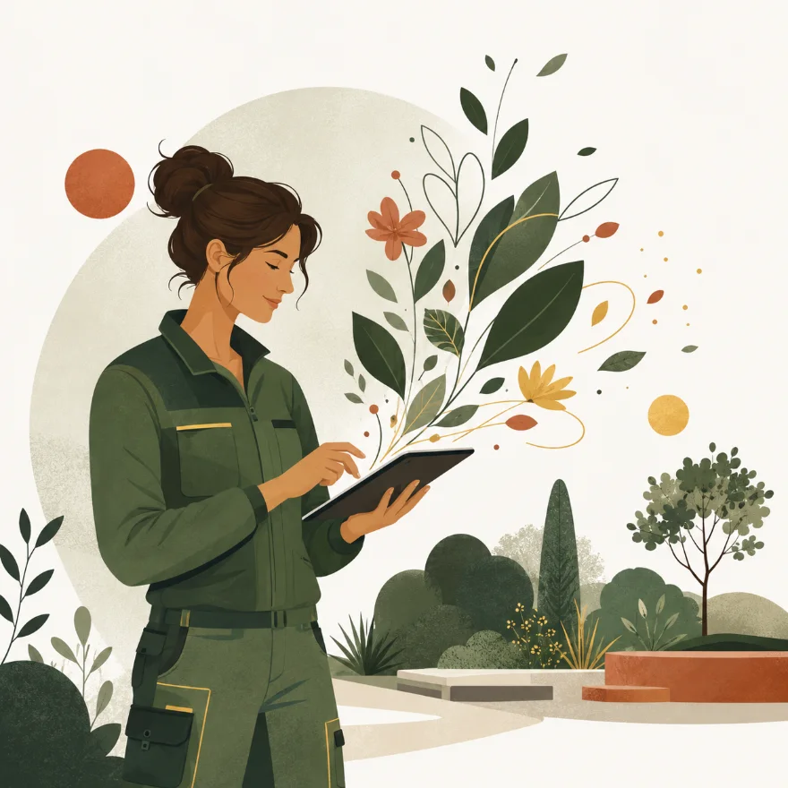 Illustration&nbsp;: une agente des espaces verts conçoit un aménagement sur sa tablette