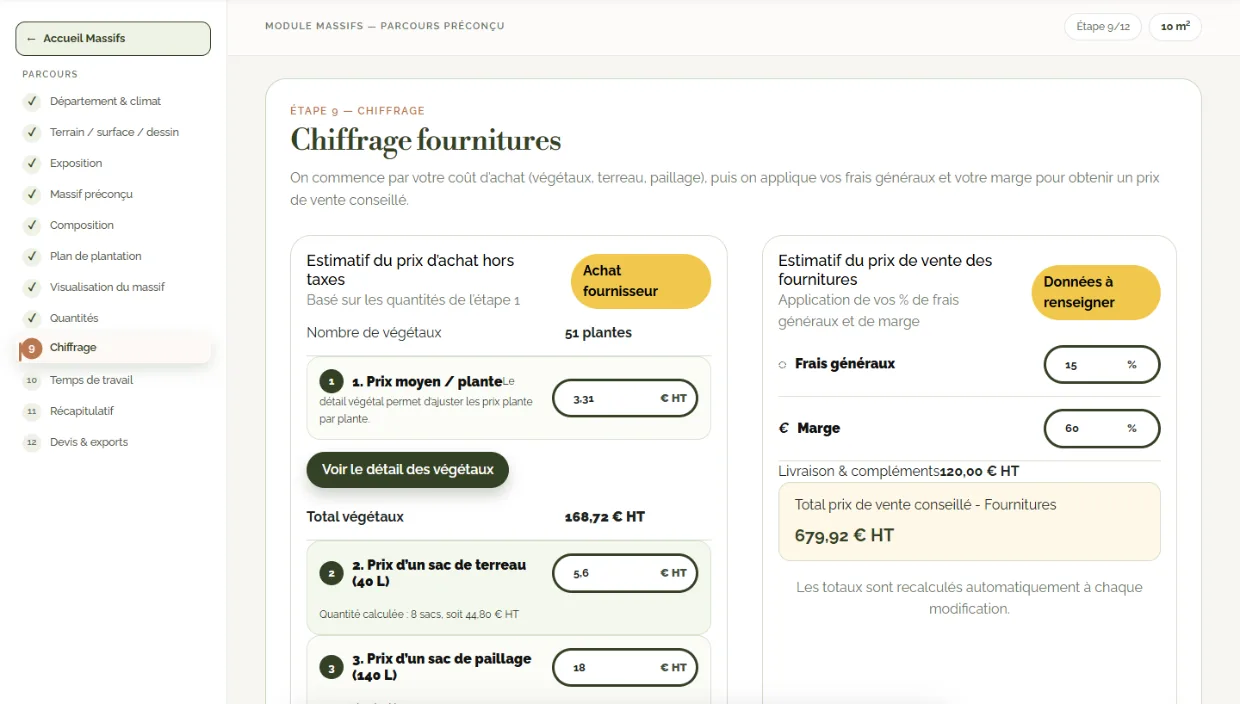 Écran CréaScape — chiffrage&nbsp;: frais généraux, marge et prix de vente conseillé