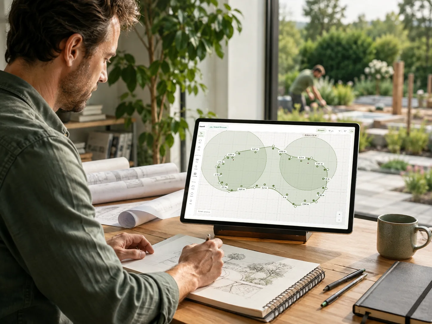Paysagiste dessinant la forme d'un massif dans CréaScape, sur tablette