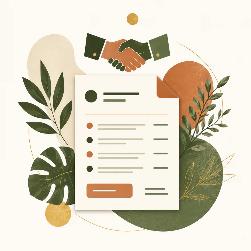 Illustration&nbsp;: un devis stylisé sous une poignée de main, entouré de feuillages