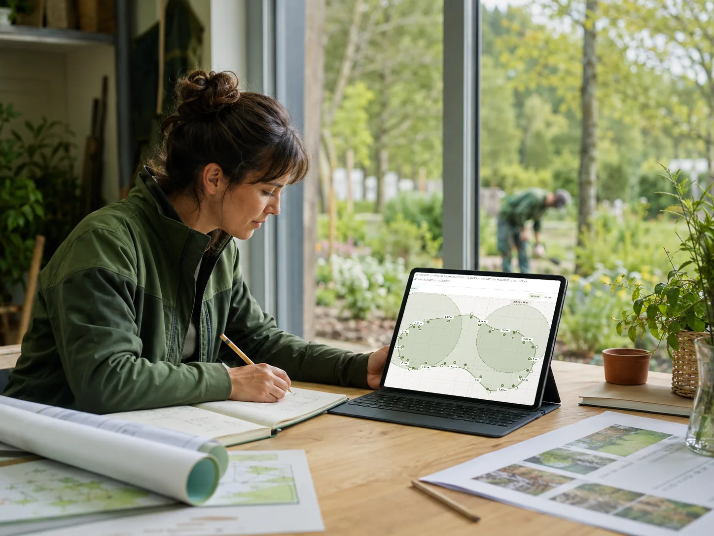 Agent du service espaces verts préparant un projet d'aménagement sur tablette