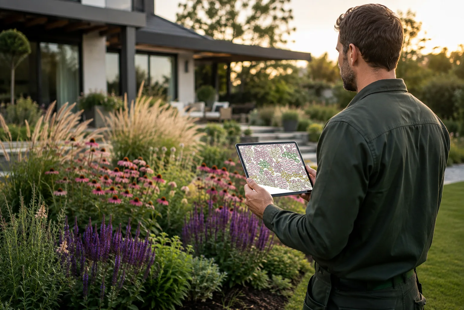 Un paysagiste devant un massif de vivaces fleuri, le plan de plantation CréaScape du massif sur sa tablette