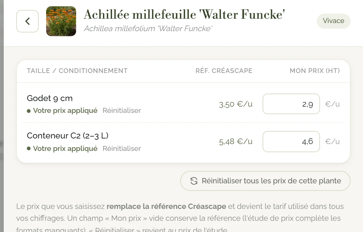 Panneau Mes prix fournisseurs ouvert sur un végétal&nbsp;: par taille, le prix de référence CréaScape et votre prix négocié (Mon prix), marqué «&nbsp;Votre prix appliqué&nbsp;»