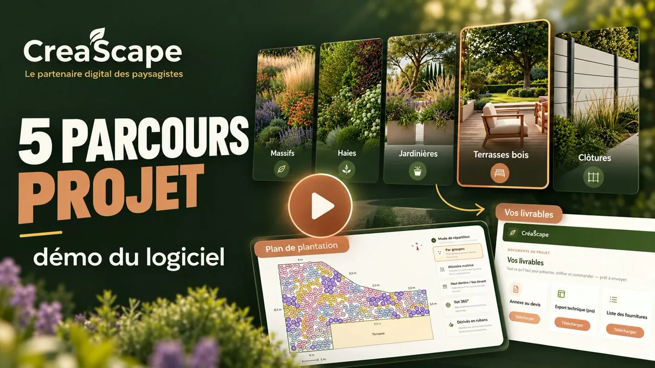 CréaScape, 5 parcours projet, démo du logiciel : massifs, haies, jardinières, terrasses bois et clôtures, un plan de plantation et les livrables.