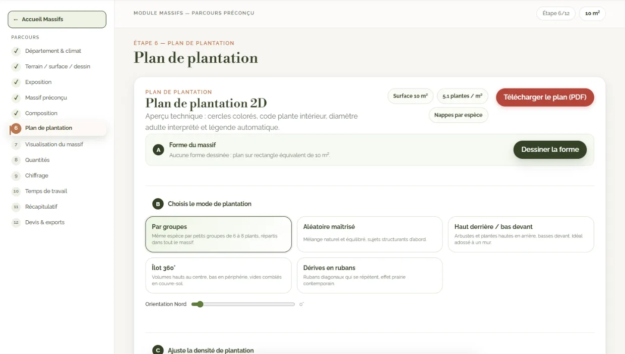Écran CréaScape — plan de plantation 2D du même massif