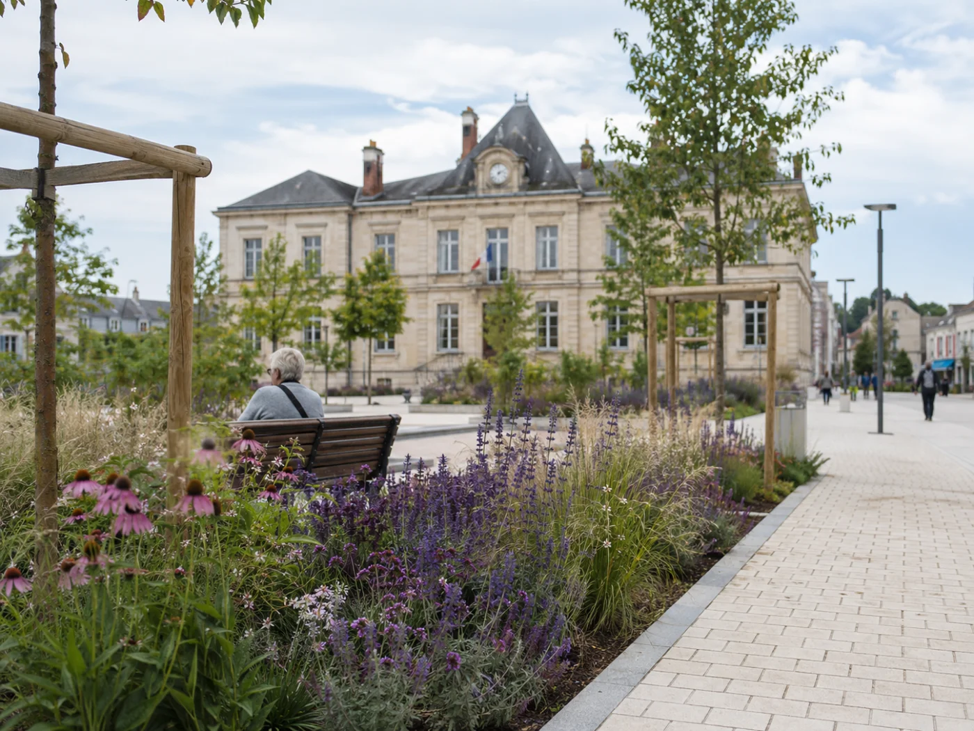Espace vert communal récemment aménagé devant une mairie, avec banc public et jeunes arbres