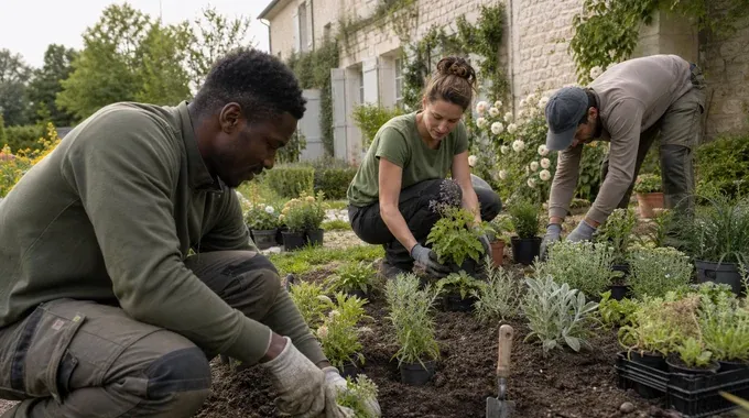 Équipe de paysagistes plantant un massif de vivaces dans un jardin privé