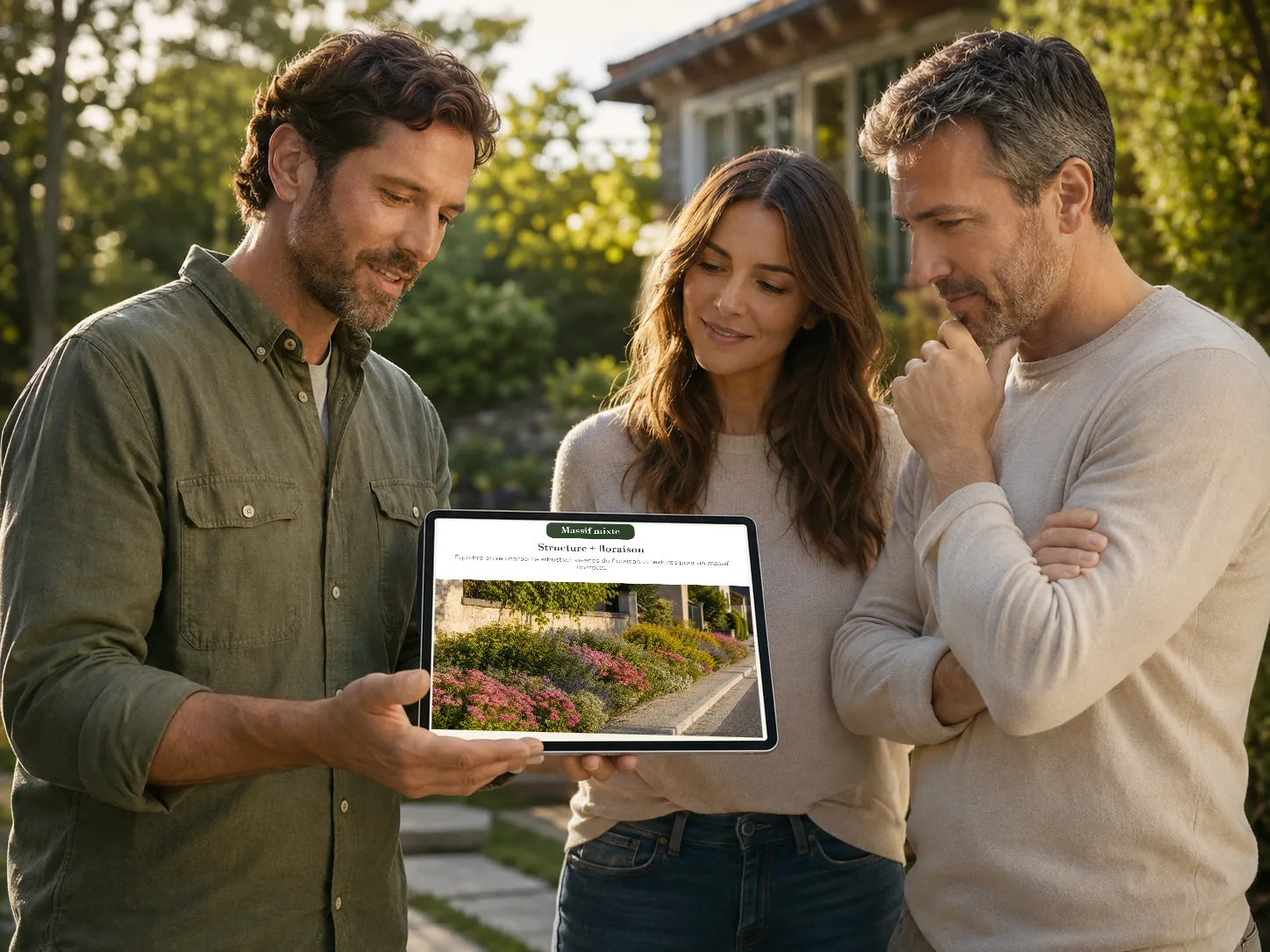Client regardant l'annexe illustrée de son projet sur la tablette du paysagiste