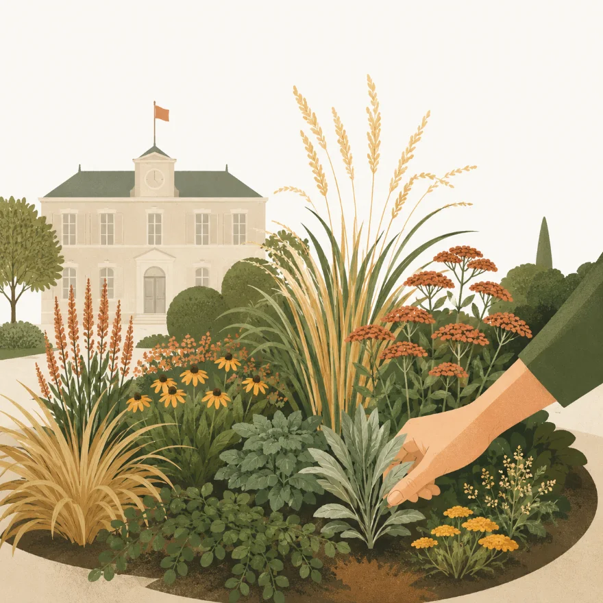 Illustration&nbsp;: un massif communal soigné devant la mairie, une main ajuste une plante