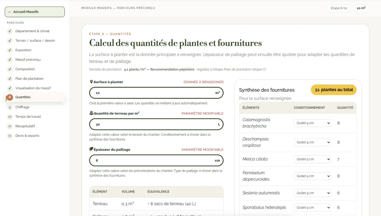 Écran CréaScape — calcul des quantités de plantes et fournitures du même massif