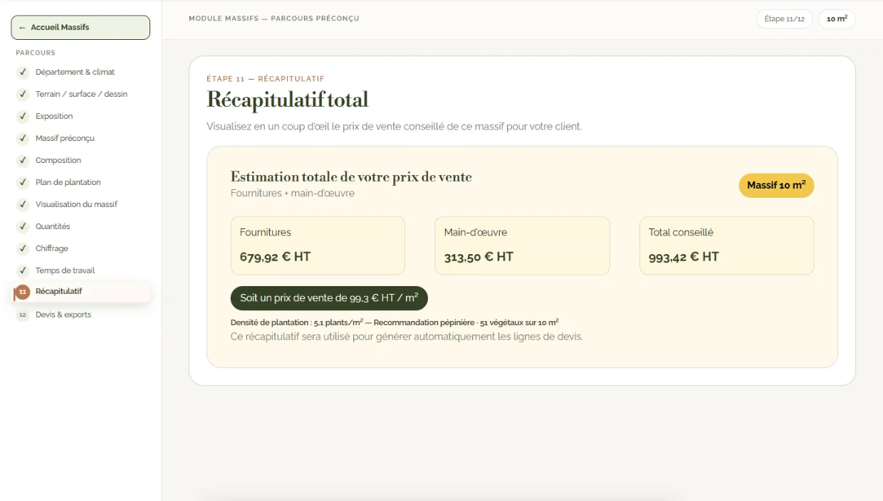 Écran CréaScape — récapitulatif chiffré du projet, à reprendre dans le devis