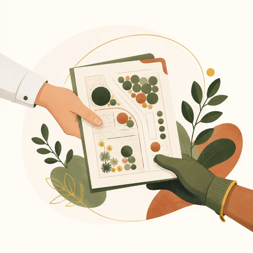 Illustration&nbsp;: un plan de plantation passe d'une main de bureau à une main de terrain gantée