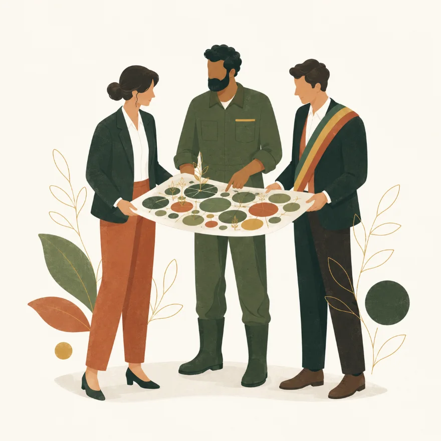 Illustration&nbsp;: élu, agent de terrain et responsable réunis autour du même plan de plantation